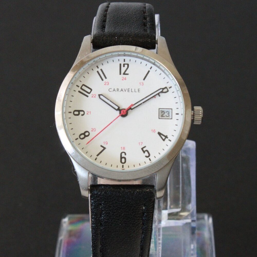 Caravelle Ladies Easy Reader By Bulova Black On White Dial Black Leather 30mm - Picture 6 of 10